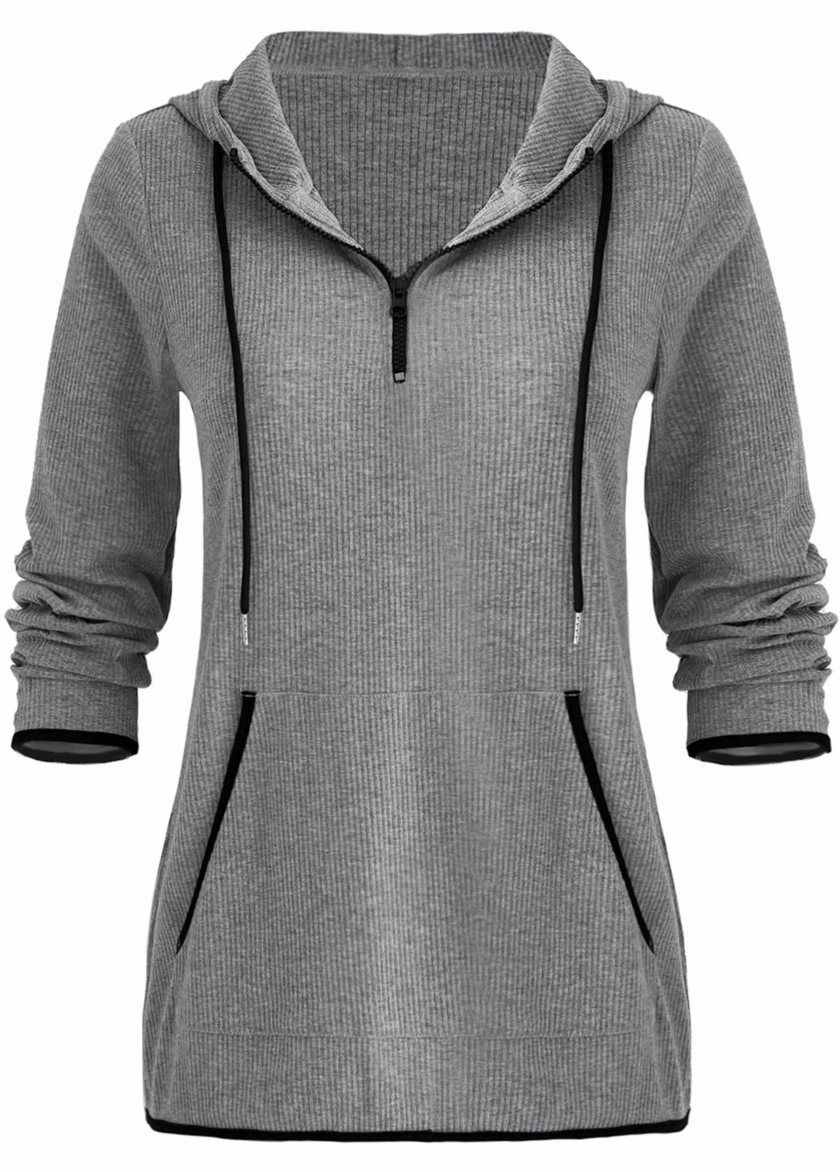 Grey Pocket Zipper Long Sleeve Hoodie - Image 9