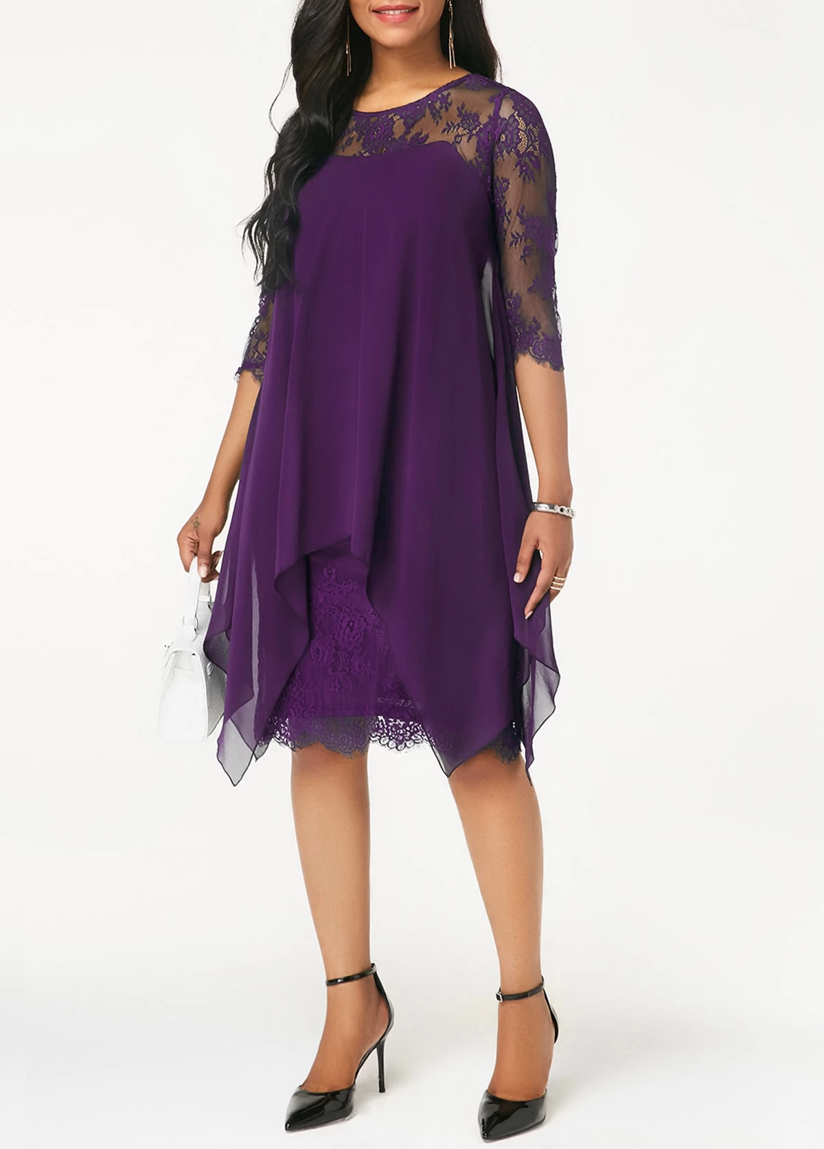 Purple Three Quarter Sleeve Chiffon Overlay Lace Dress - Image 3