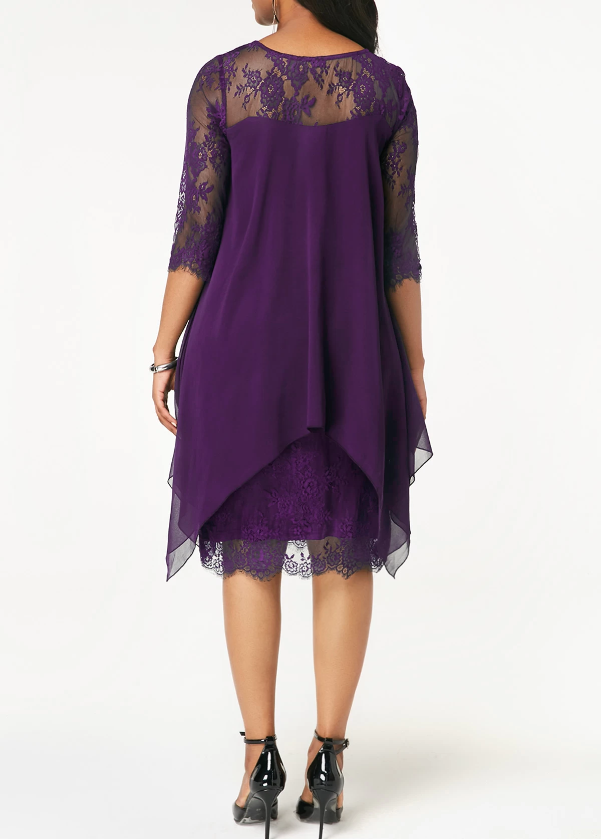Purple Three Quarter Sleeve Chiffon Overlay Lace Dress - Image 2