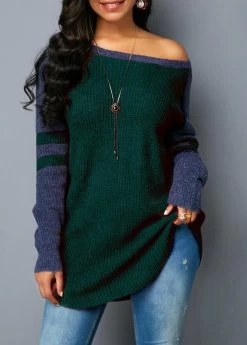 Varsity Stripe Curved Hem Dark Green Sweater