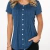 Button Up Crinkle Chest Navy Blue T Shirt