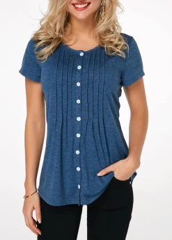 Button Up Crinkle Chest Navy Blue T Shirt