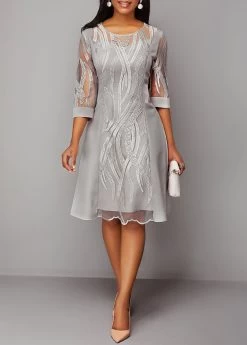 3/4 Sleeve Light Grey Lace Panel Dress