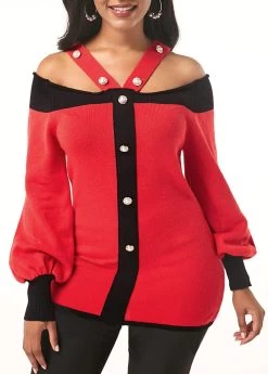 Pearl Embellished Cold Shoulder Blouson Sleeve Sweater