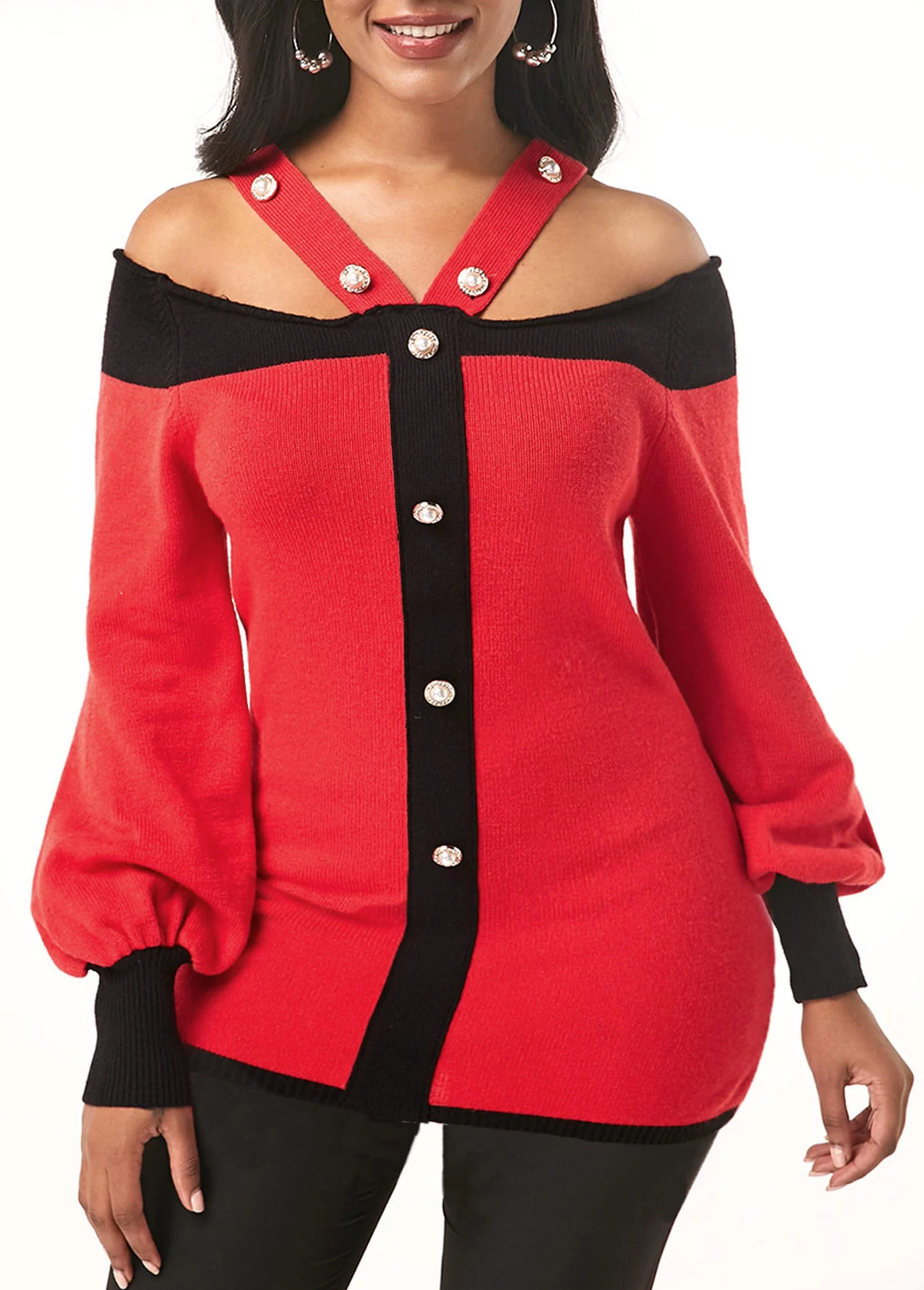 Pearl Embellished Cold Shoulder Blouson Sleeve Sweater