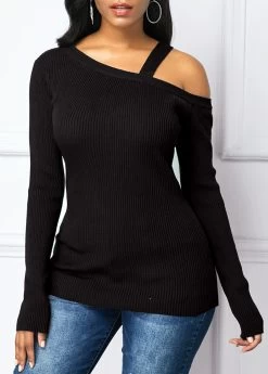 Cold Shoulder Long Sleeve Black Sweater