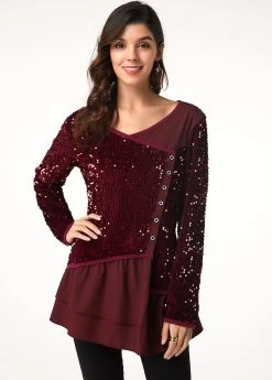 Long Sleeve Sequin Embellished Button Detail T Shirt