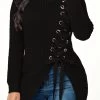 Lace Up Rib Knit Asymmetric Hem Sweater