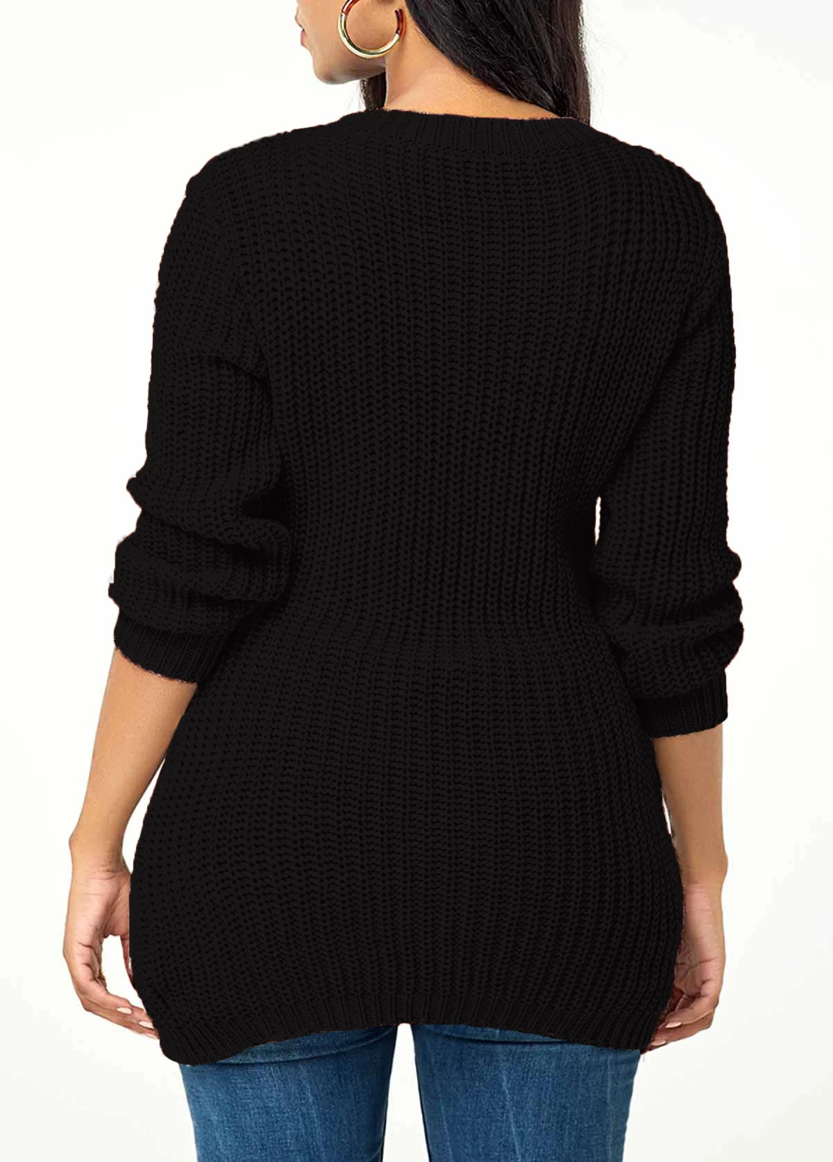 Lace Up Rib Knit Asymmetric Hem Sweater - Image 2