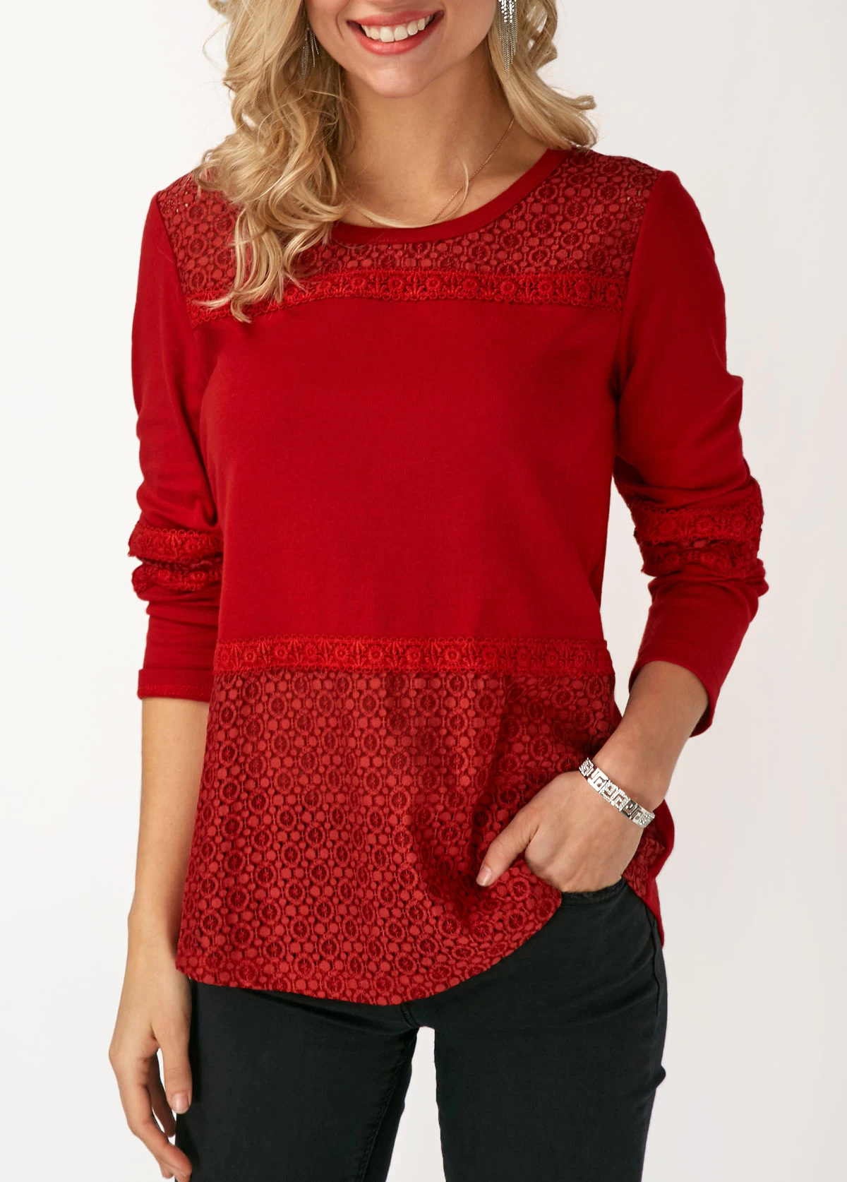 Lace Panel Round Neck Long Sleeve T Shirt - Image 4