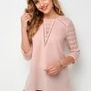 Lace Stitching Round Neck 3/4 Sleeve T Shirt