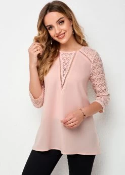 Lace Stitching Round Neck 3/4 Sleeve T Shirt