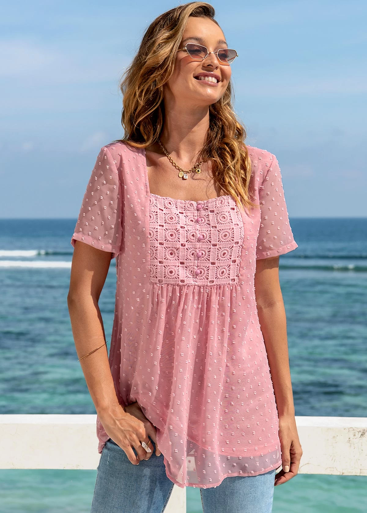 Solid Short Sleeve Square Collar Blouse - Image 4