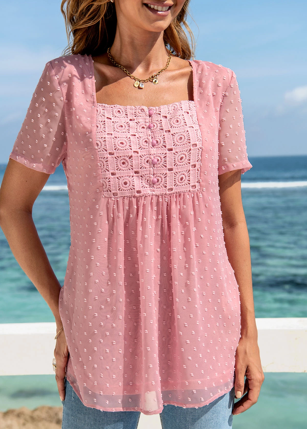 Solid Short Sleeve Square Collar Blouse - Image 6