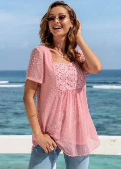 Solid Short Sleeve Square Collar Blouse