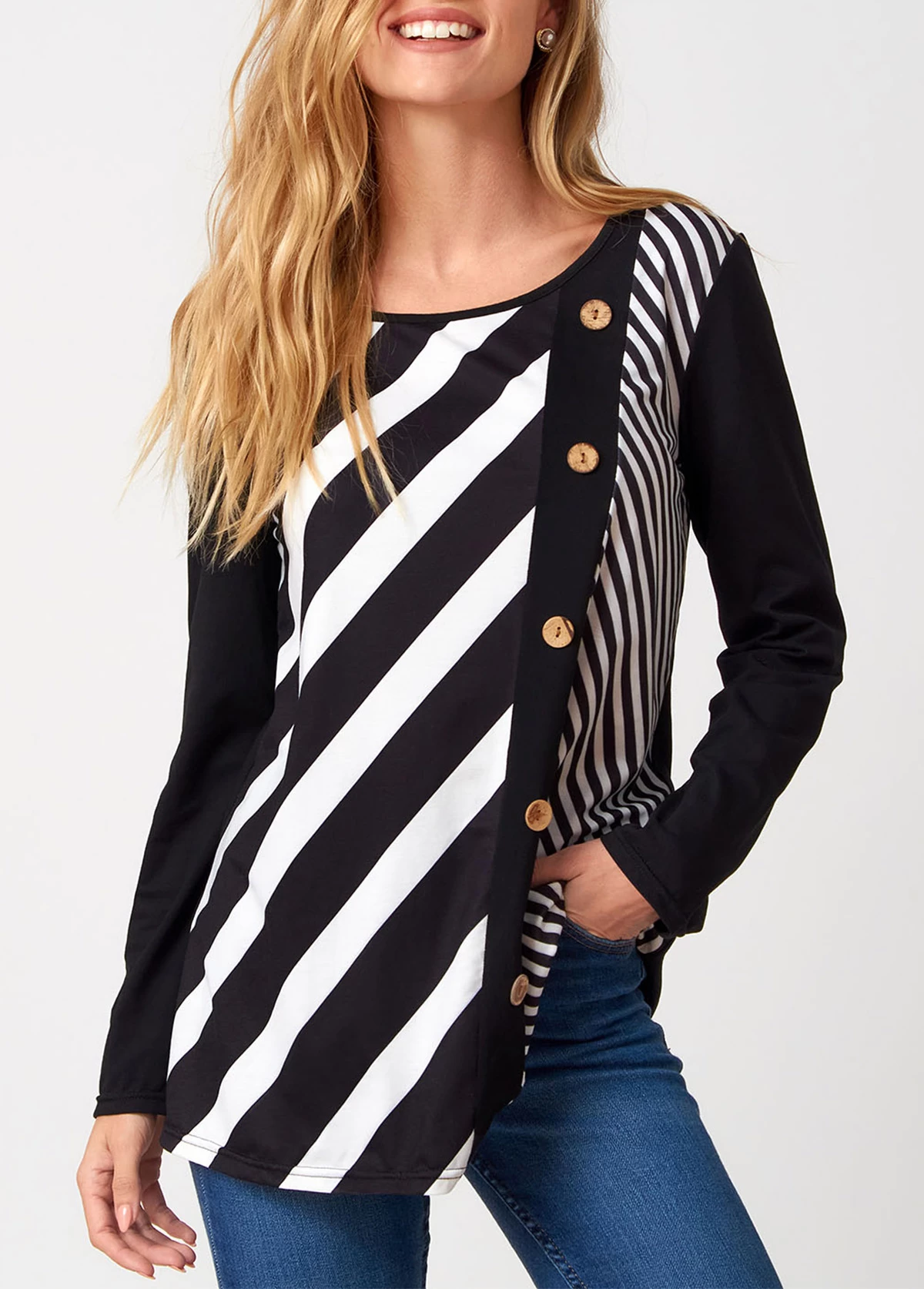 Decorative Button Stripe Print Long Sleeve T Shirt - Image 3