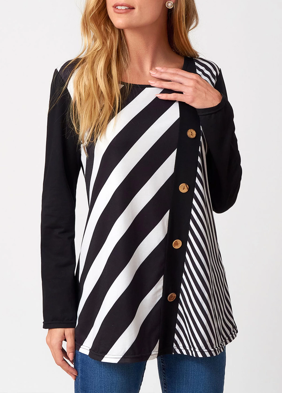 Decorative Button Stripe Print Long Sleeve T Shirt - Image 4