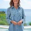 Faux Denim Lace Stitching Turndown Collar Blouse