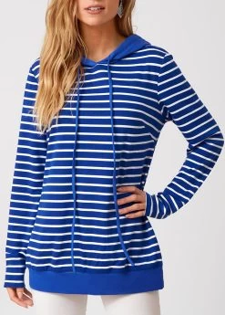 Long Sleeve Striped Drawstring Detail Hoodie