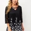 Lace Stitching Asymmetric Hem Black T Shirt