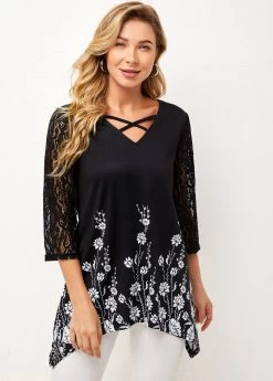 Lace Stitching Asymmetric Hem Black T Shirt