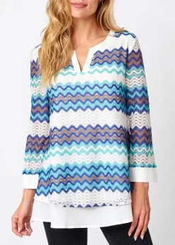 Chevron Print Split Neck Layered Hem Blouse