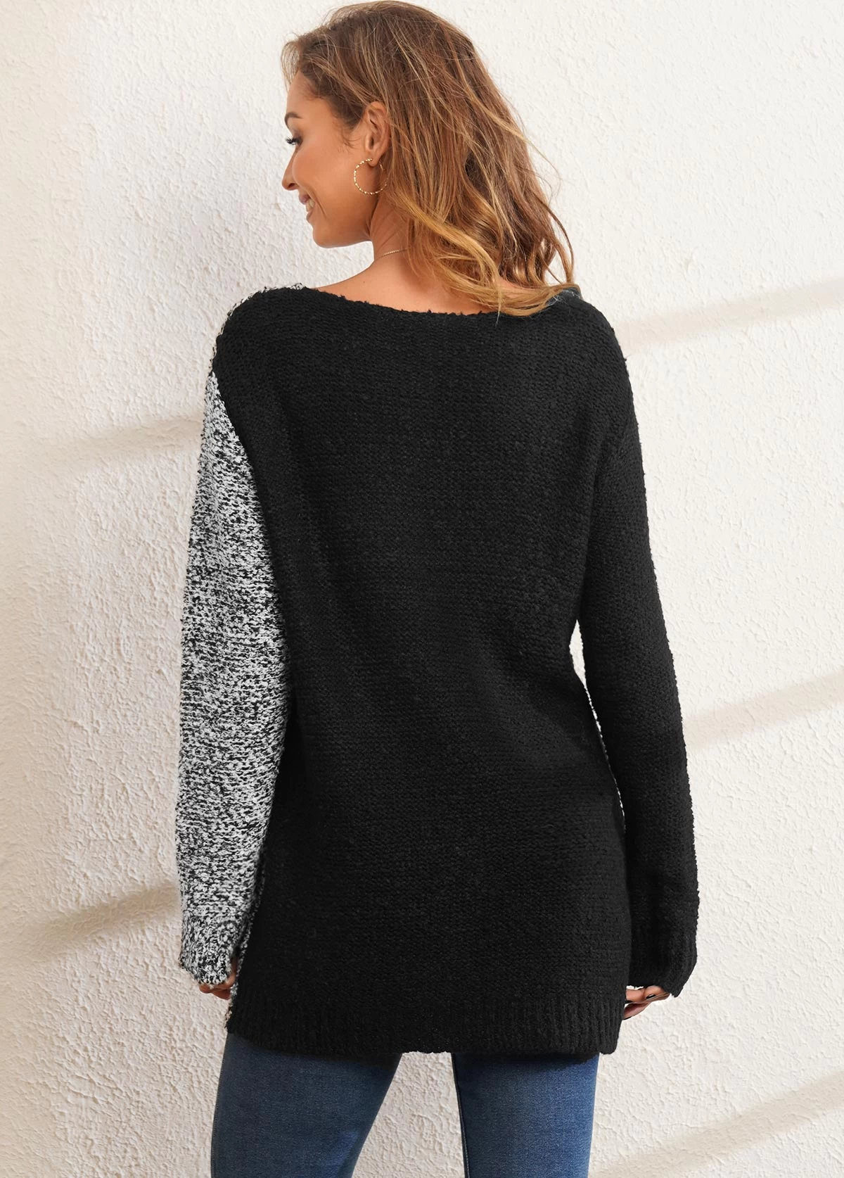 Long Sleeve V Neck Contrast Sweater - Image 2