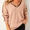 Khaki Sequin Long Sleeve V Neck Sweater