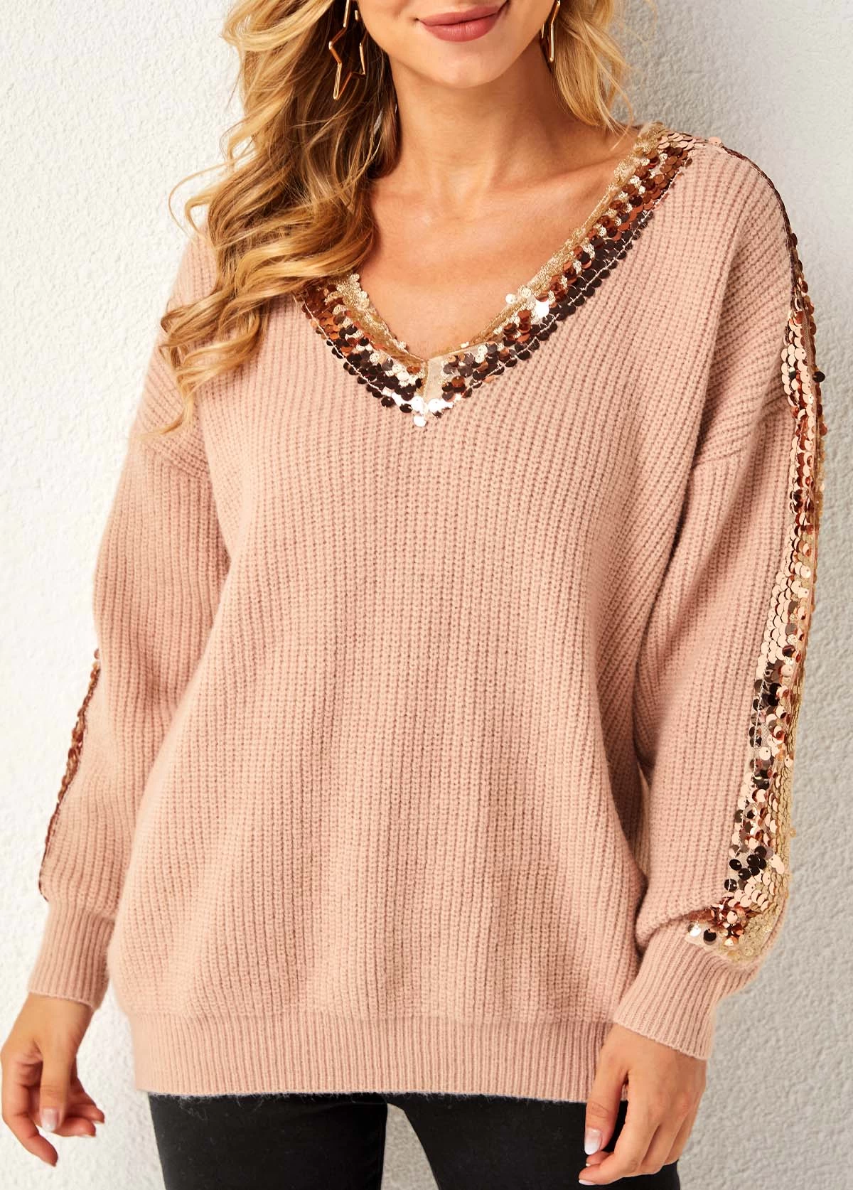 Khaki Sequin Long Sleeve V Neck Sweater - Image 4