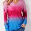 Ombre Long Sleeve V Neck T Shirt