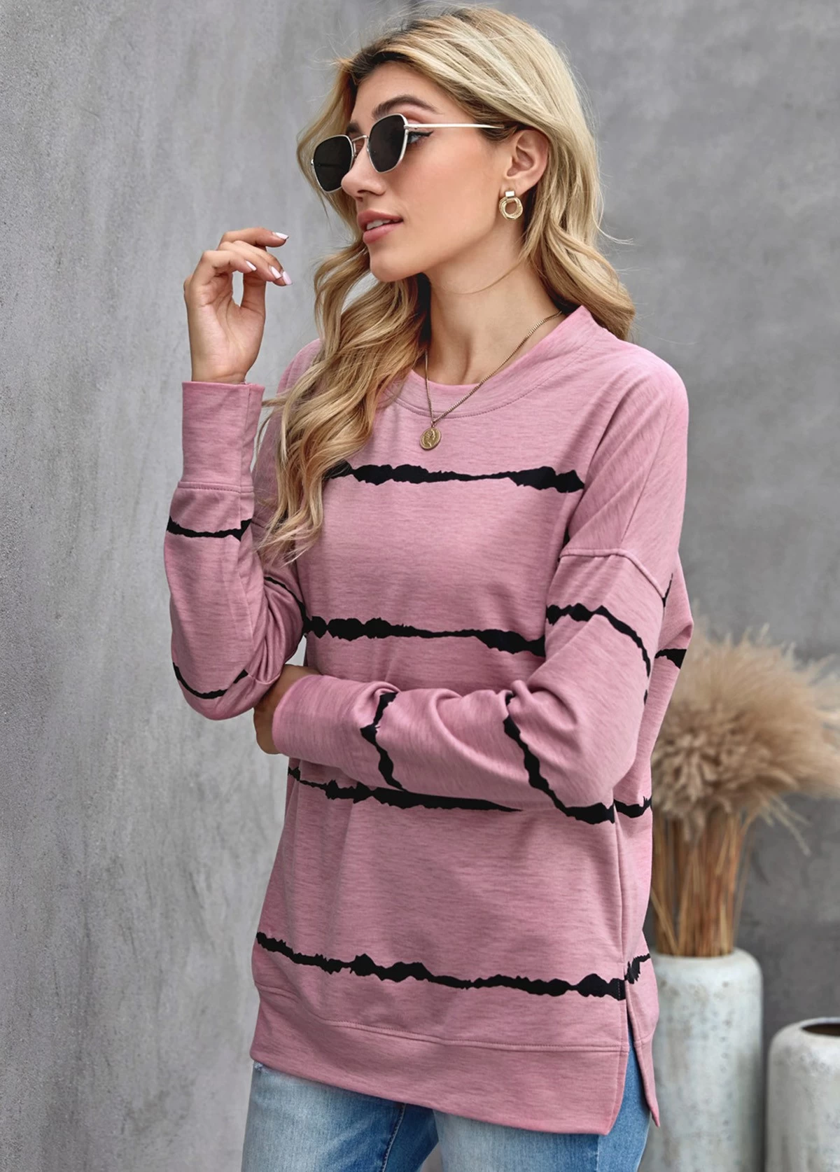 Long Sleeve Striped Round Neck Sweatshirt - Image 3