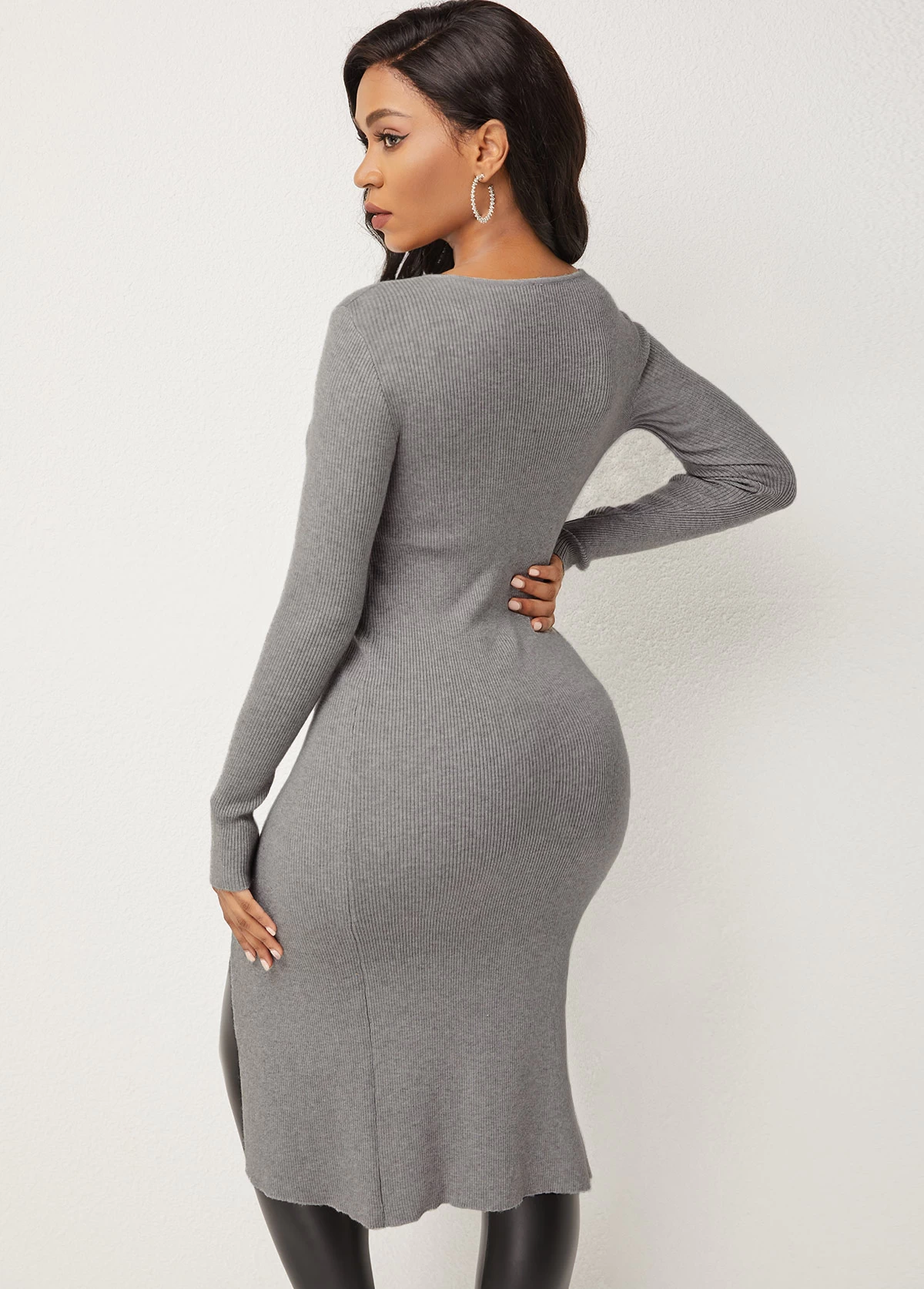 Front Slit Cutout Design Long Sleeve Sweater - Image 2