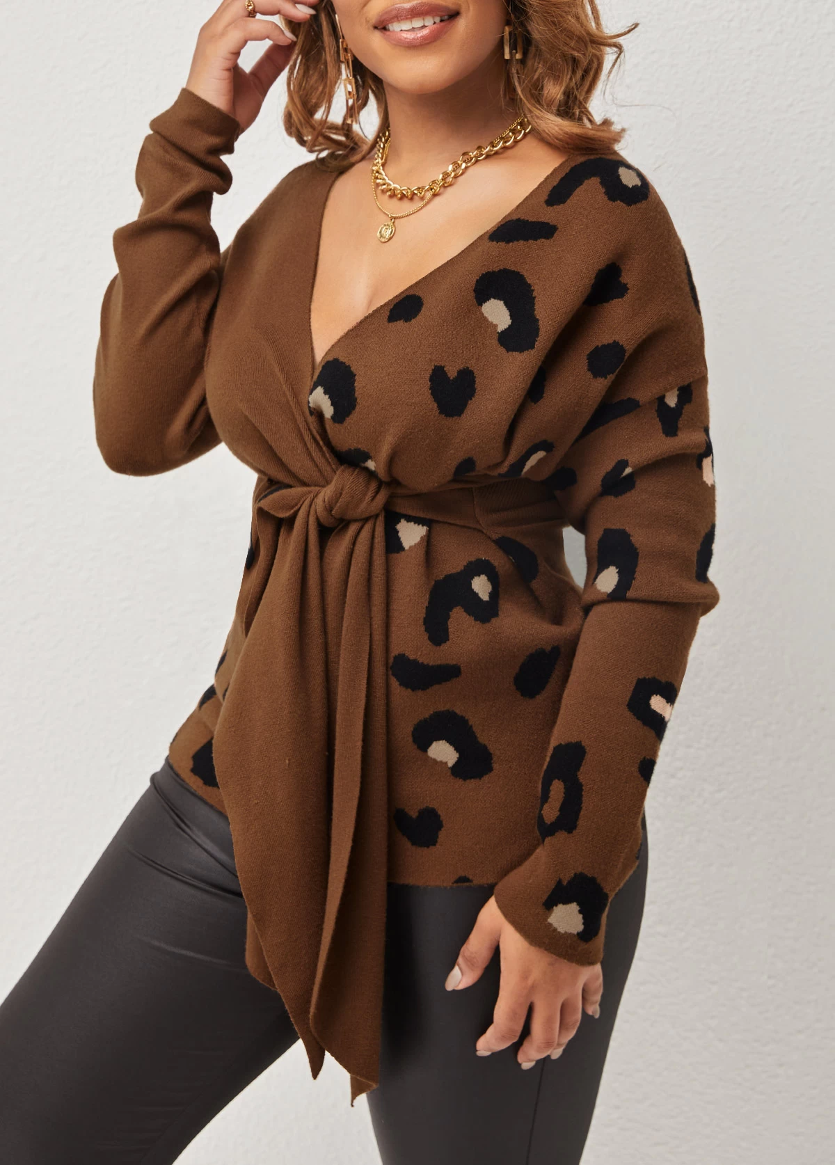 Leopard Brown Tie Front V Neck Sweater - Image 3