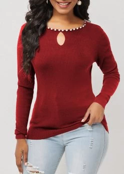 Wine Red Pearl Detail Keyhole Neckline Sweater