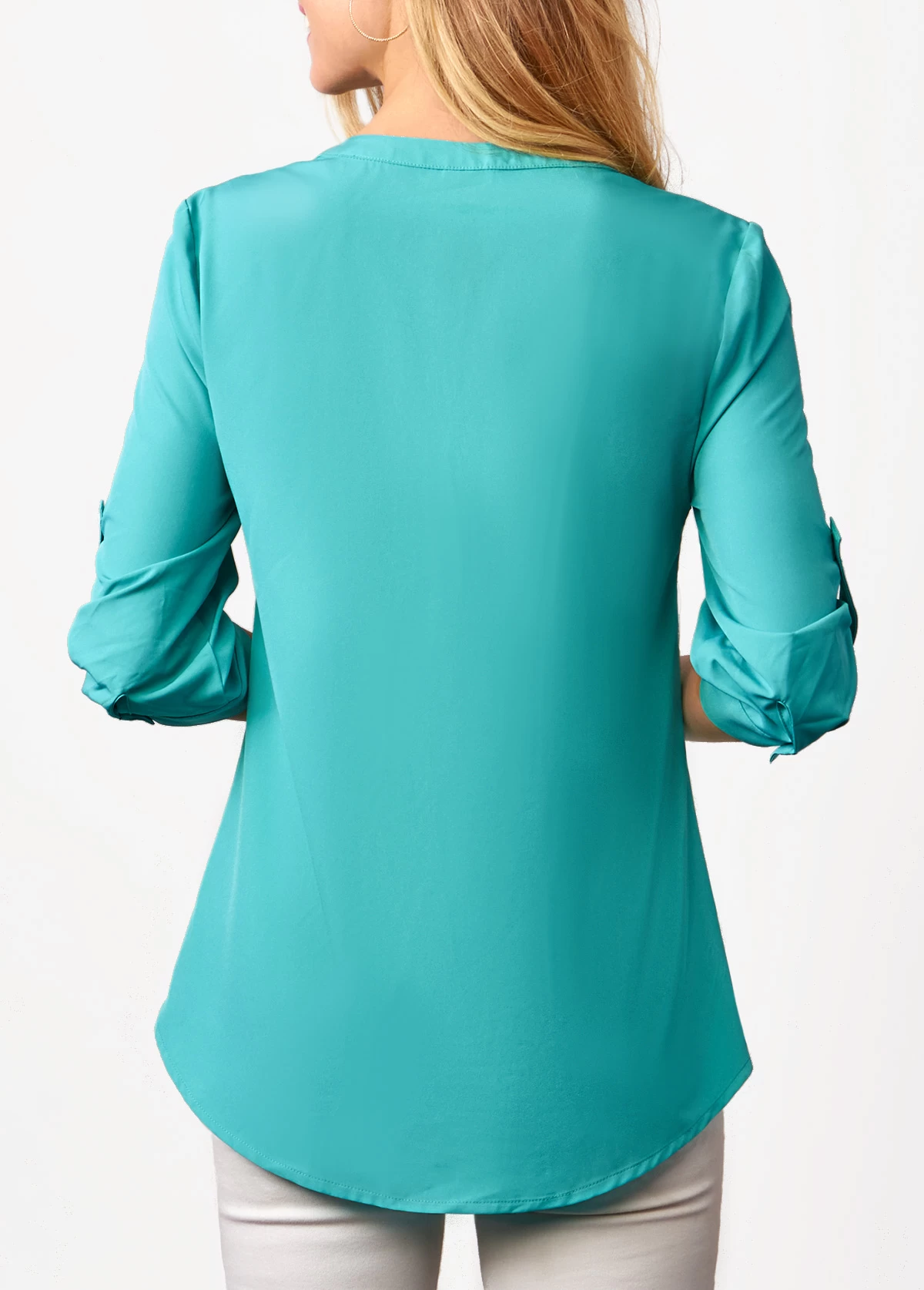 Mesh Stitching Split Neck Embroidered Cyan Blouse - Image 2