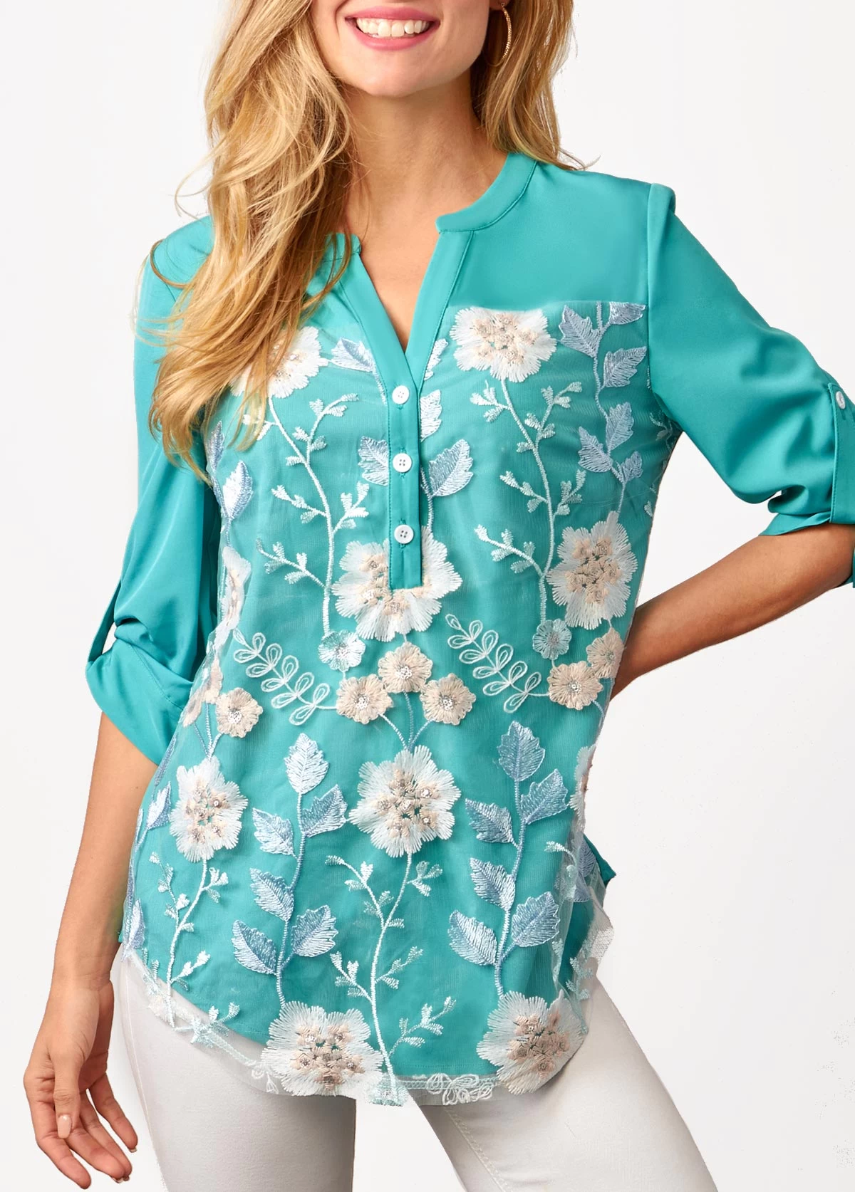 Mesh Stitching Split Neck Embroidered Cyan Blouse - Image 4