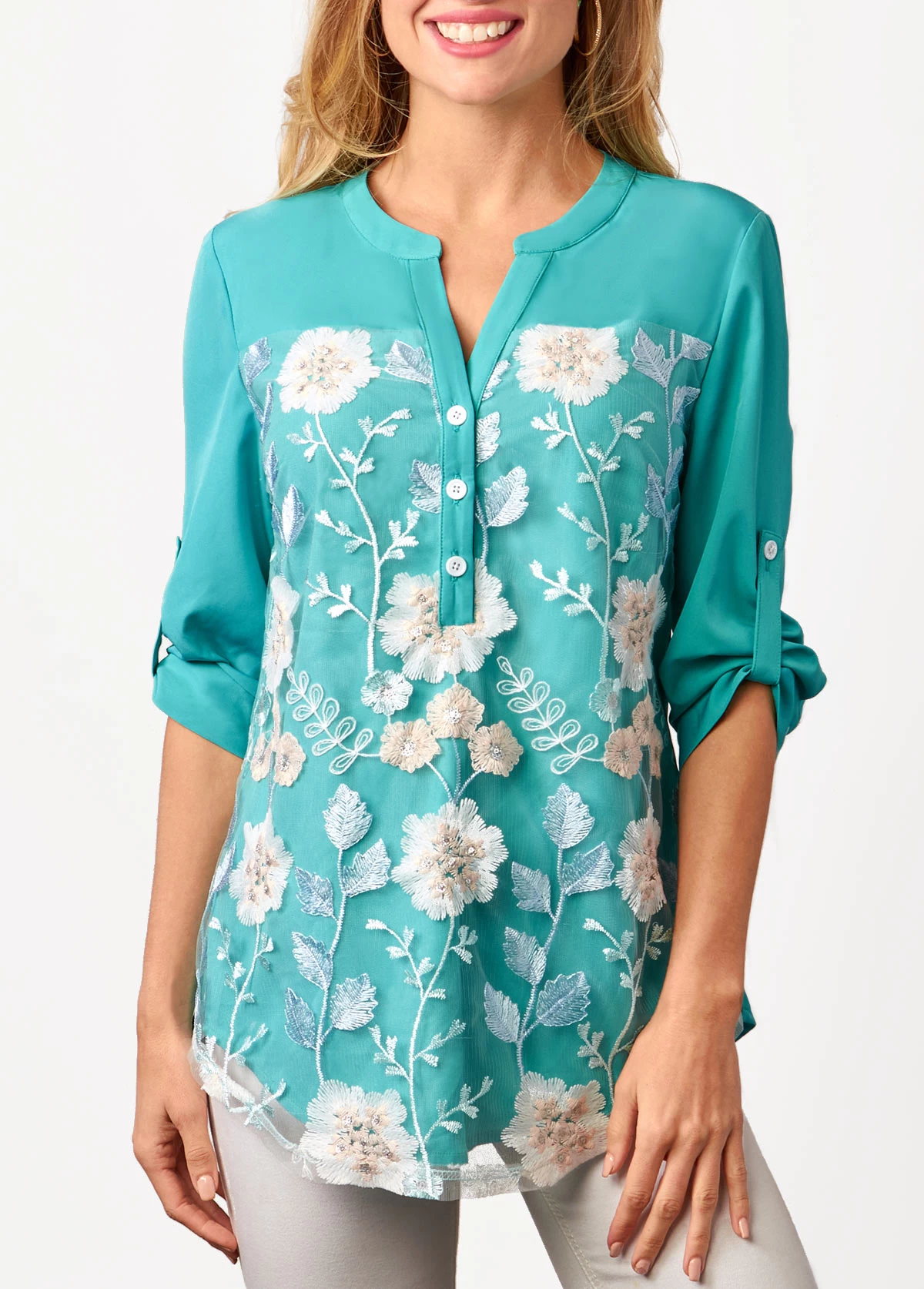 Mesh Stitching Split Neck Embroidered Cyan Blouse