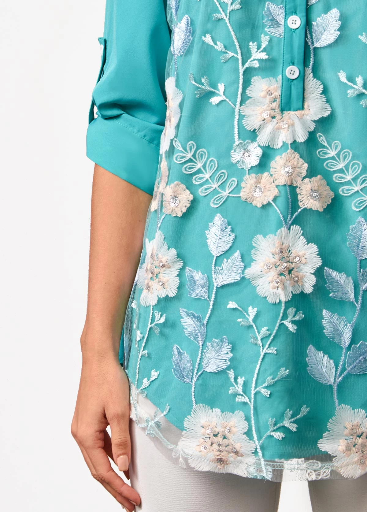 Mesh Stitching Split Neck Embroidered Cyan Blouse - Image 5