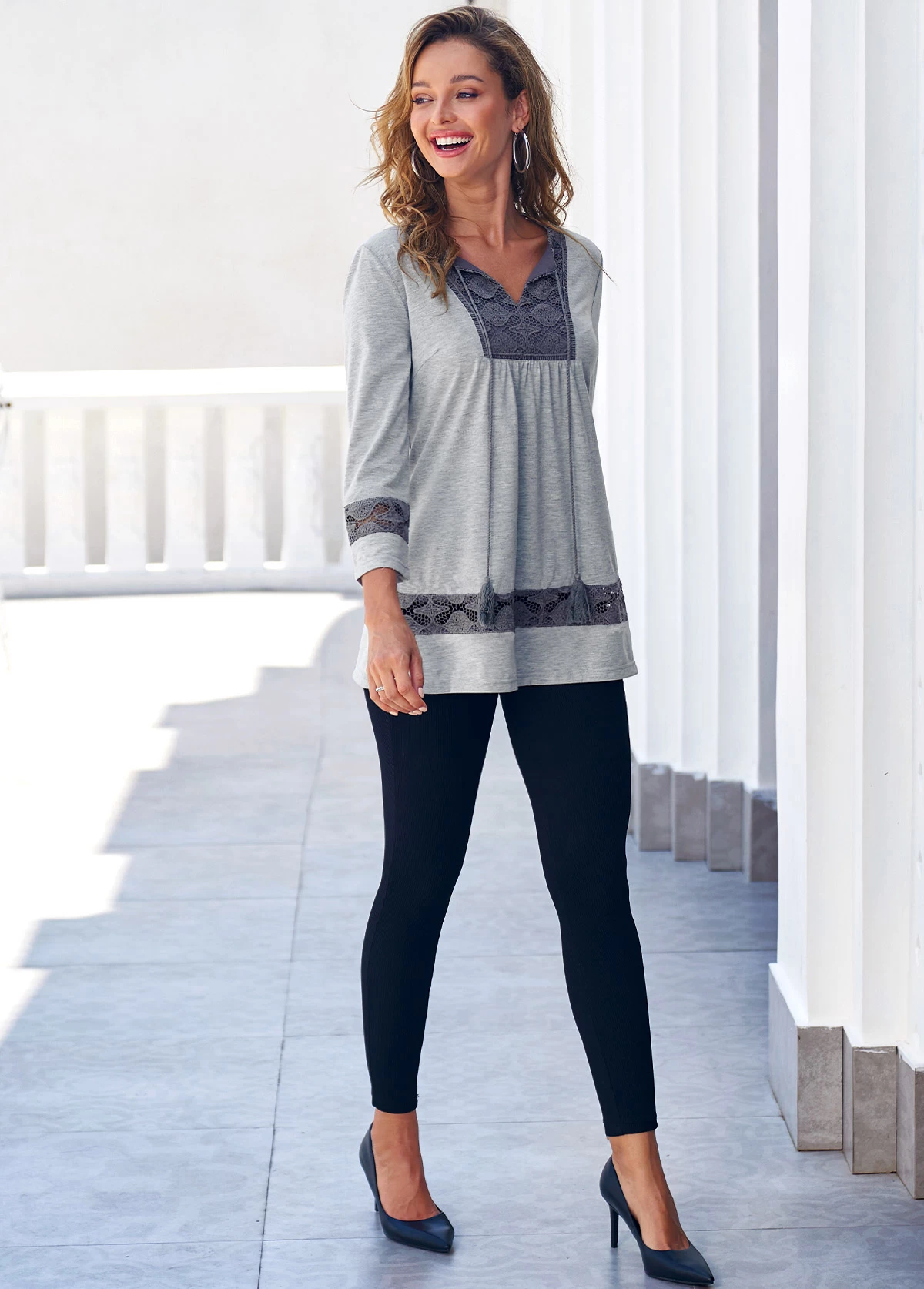 Lace Panel Grey 3/4 Sleeve Tassel Blouse - Image 5