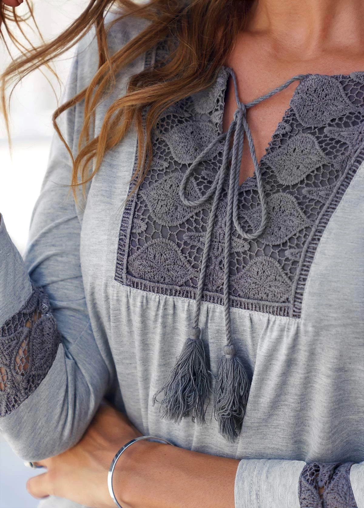 Lace Panel Grey 3/4 Sleeve Tassel Blouse - Image 6