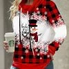 Drawstring Christmas Snowman Print Red Sweatshirt