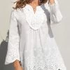 Lace Stitching White Split Neck Hollow Embroidery Blouse