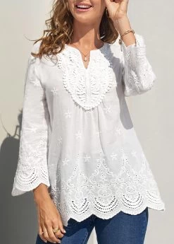 Lace Stitching White Split Neck Hollow Embroidery Blouse