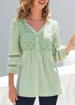 Light Green V Neck Lace Stitching T Shirt