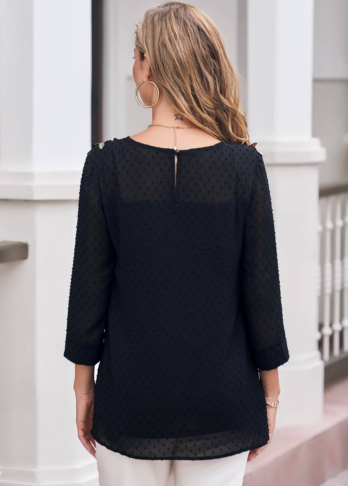 Flower Applique 3/4 Sleeve Round Neck Black Blouse - Image 4