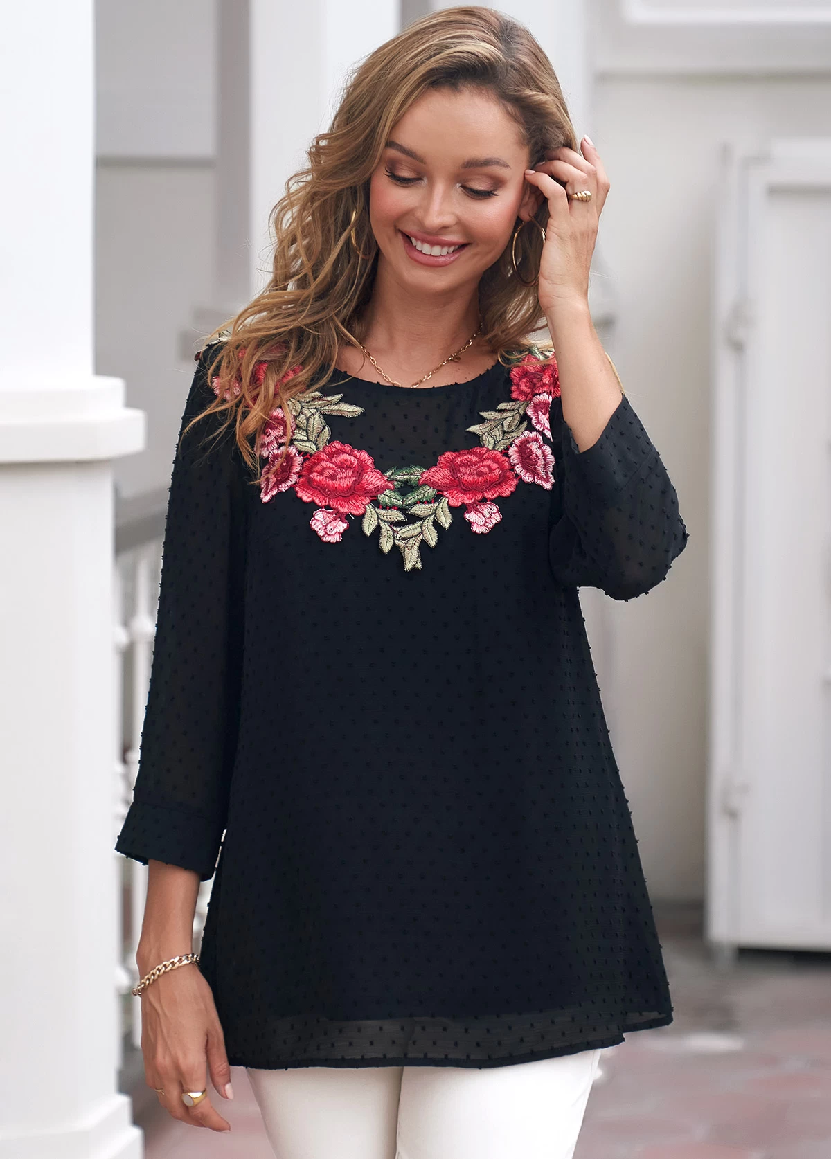 Flower Applique 3/4 Sleeve Round Neck Black Blouse - Image 5