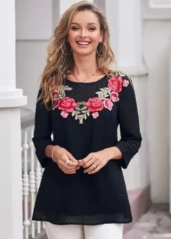 Flower Applique 3/4 Sleeve Round Neck Black Blouse