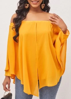 Off Shoulder Layered Asymmetric Hem Ginger Blouse