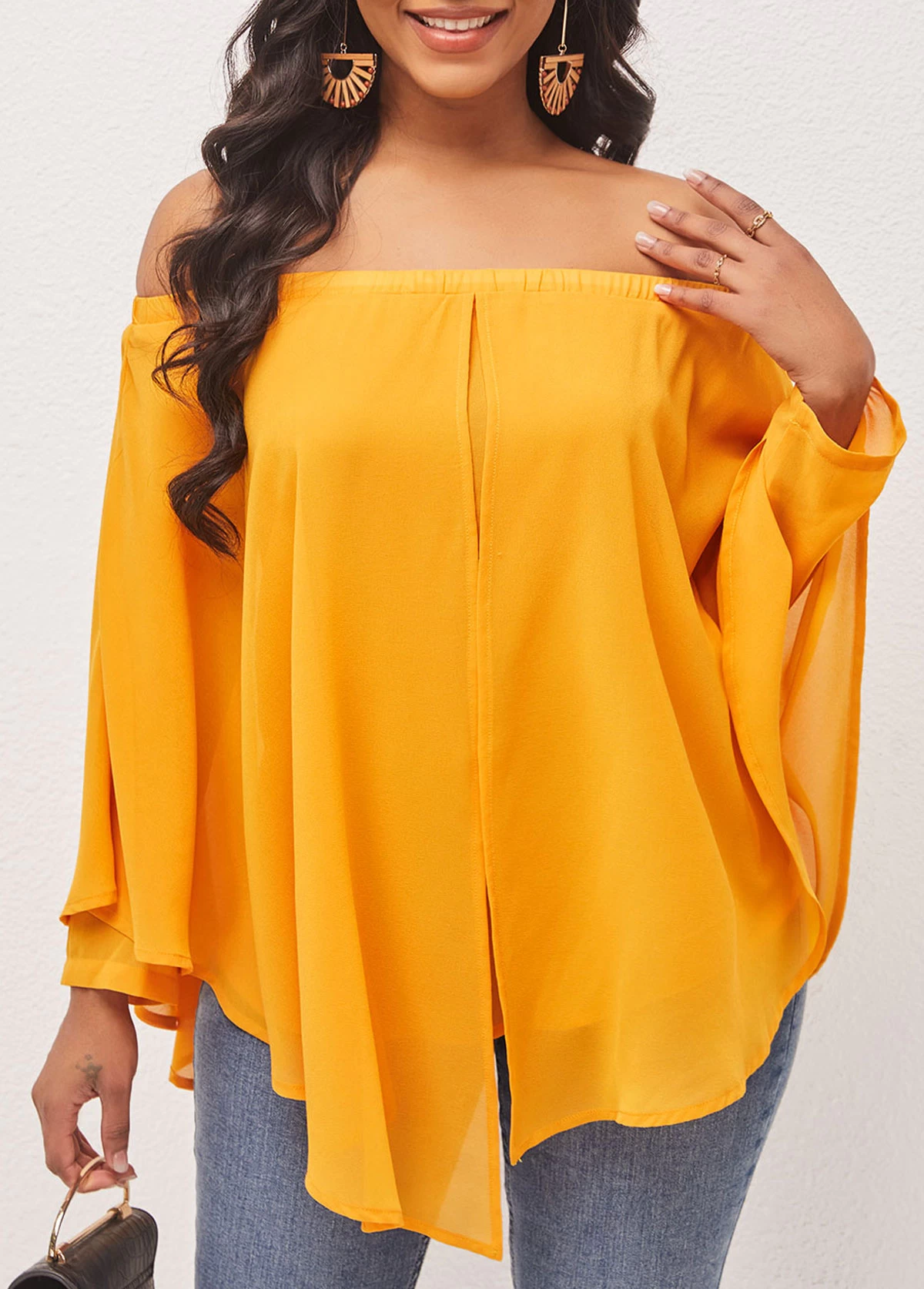 Off Shoulder Layered Asymmetric Hem Ginger Blouse