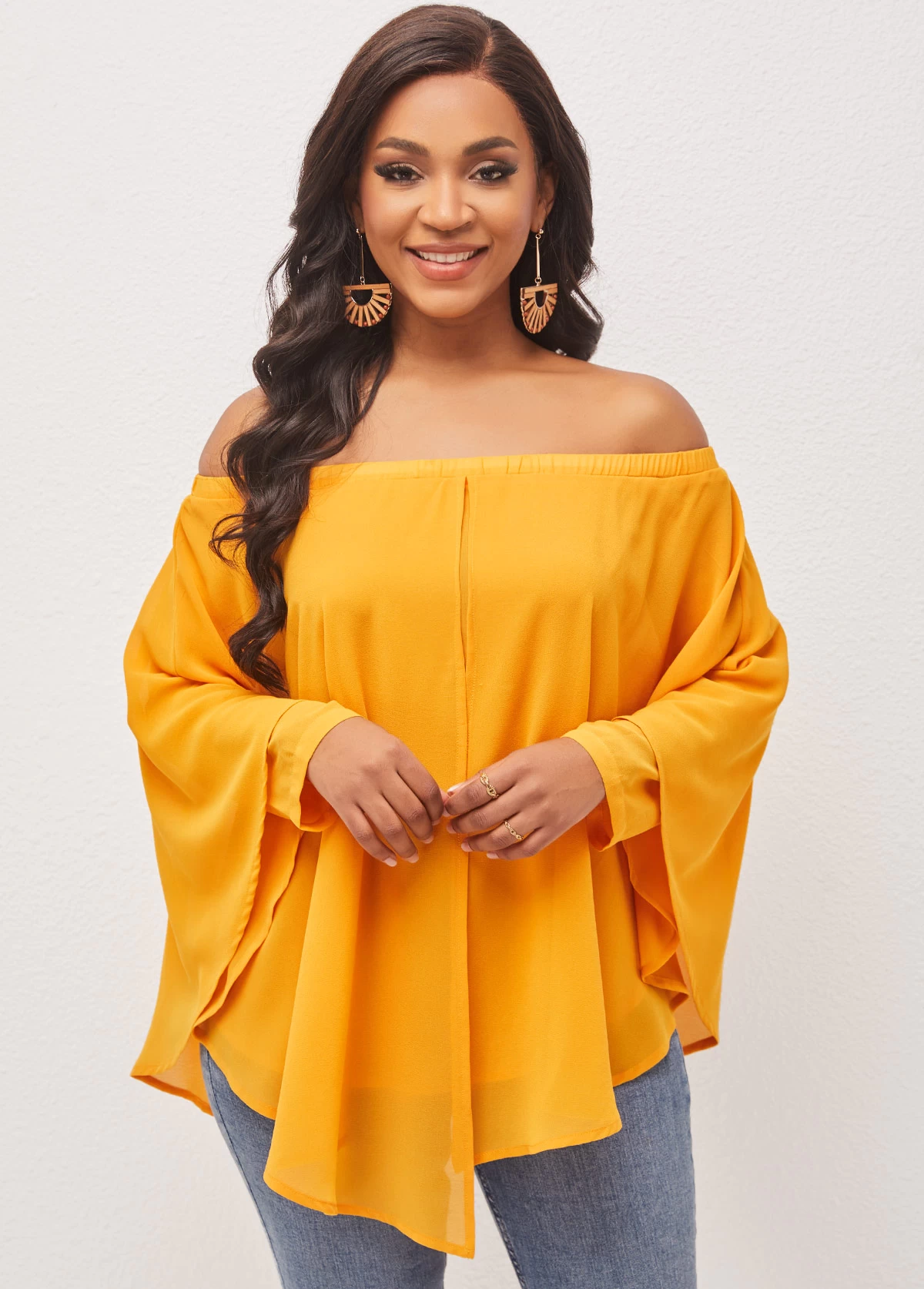 Off Shoulder Layered Asymmetric Hem Ginger Blouse - Image 6